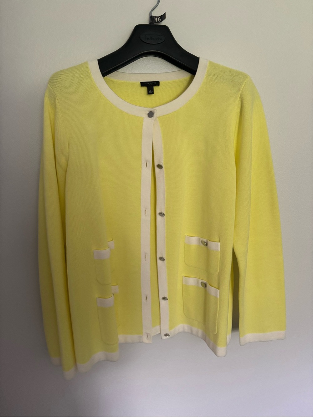 Talbots Yellow and Cream Button-Front Knit Cardigan